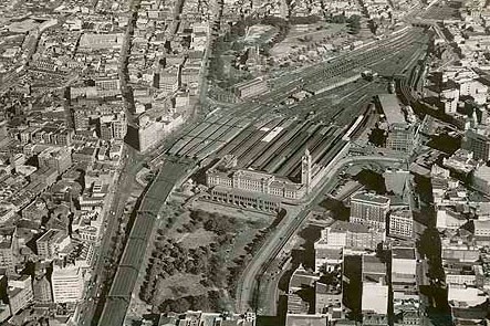 View of Central Station in c.1930 showing expanse of new 'electric' platforms and railway yards, with Eddy Avenue in the foreground.