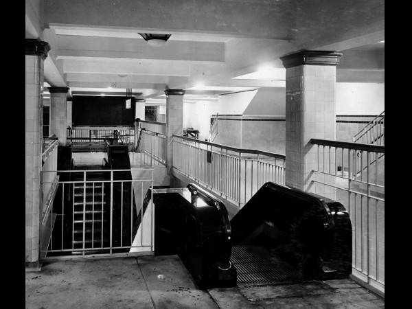 Town Hall Station on completion showing the original escalators in 1932. Source State Records NSW.