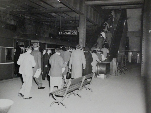 Crowds using the Town Hall escalators on Platform 6 on 19 April 1960. Source State Records NSW.
