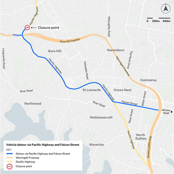 Pacific Highway and Falcon Street detour map 