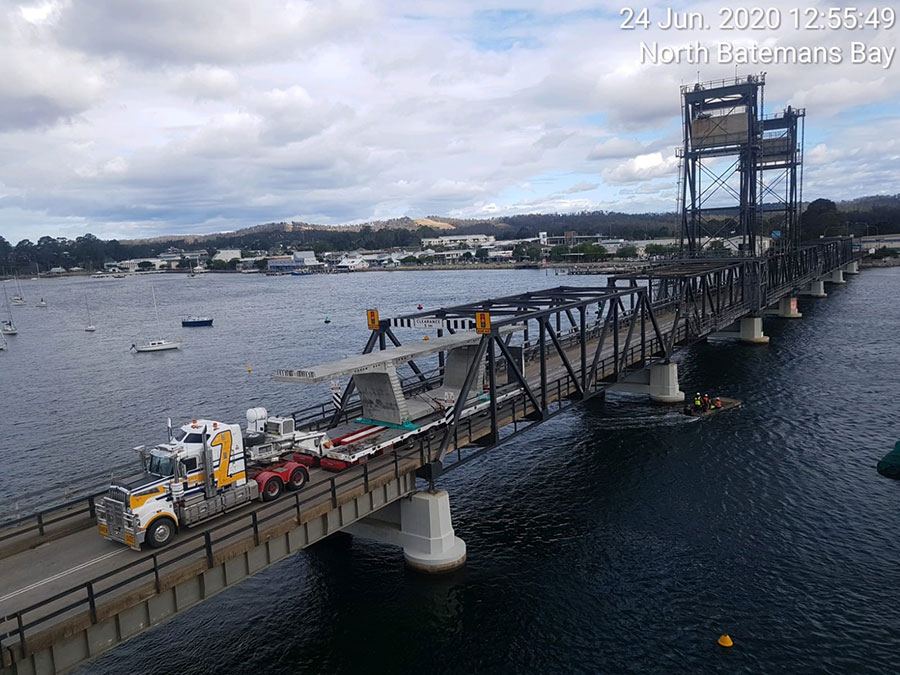 Bridge segment being transported over the existing BB bridge 24 June 2020