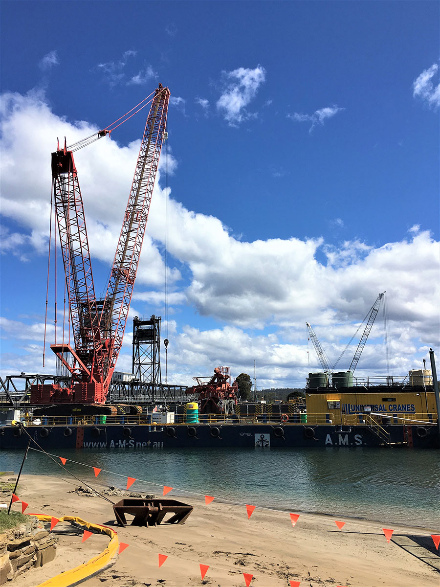 Crane on barge for marine piling works on 10 October 2019
