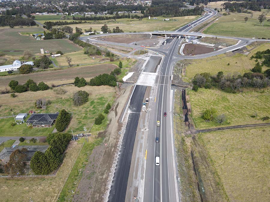 Meroo Road Pestells Lane interchange looking south with work progressing on the southbound lanes