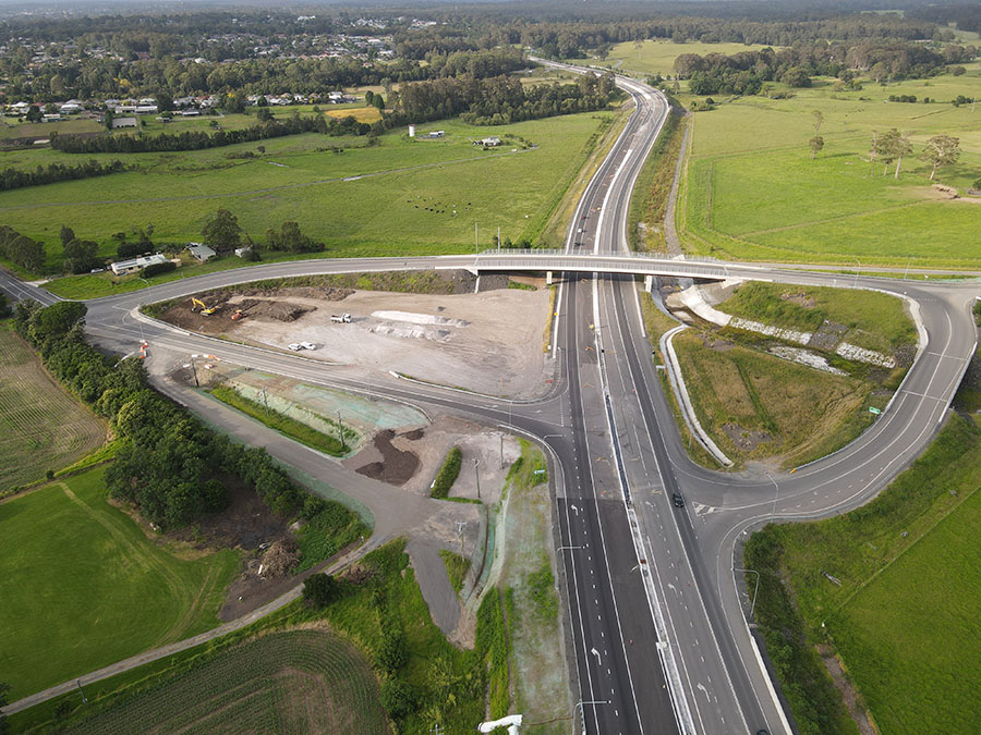 Aerial view of Pestells and Meroo Road interchange looking south