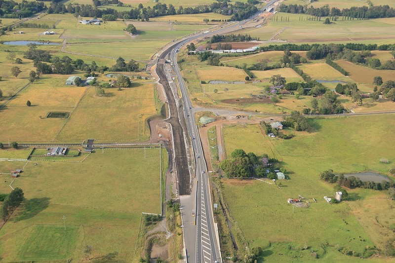 Aerial view looking south of construction on the new carriageway between Mullers Ln and O'Keeffes Ln