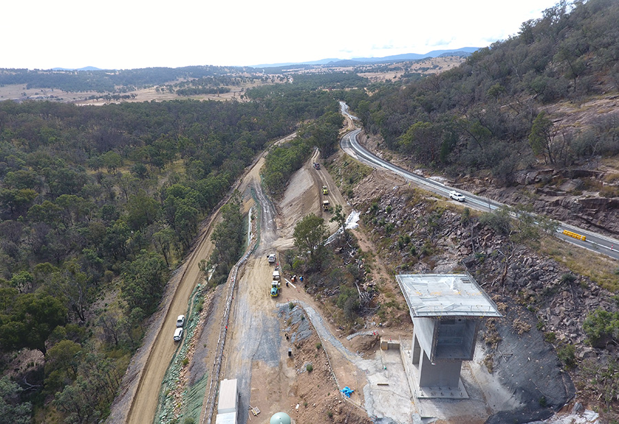 View of the Bolivia Hill upgrade, looking north, with pier two in the foreground (May 2020)