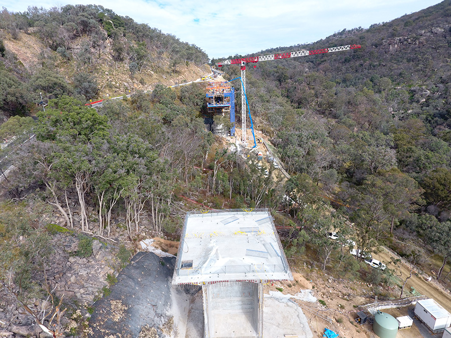 View of the Bolivia Hill upgrade, looking south, with pier two in the foreground (May 2020)