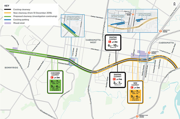 Map of clearways on Cabramtta Road between Cumberland Highway and Hume Highway, Cabramatta