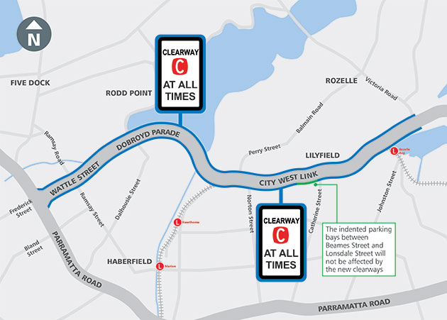 Map showing the location of the new and extended clearways along City West Link, Dobroyd Parade and Wattle Street, between Rozelle and Ashfield. 