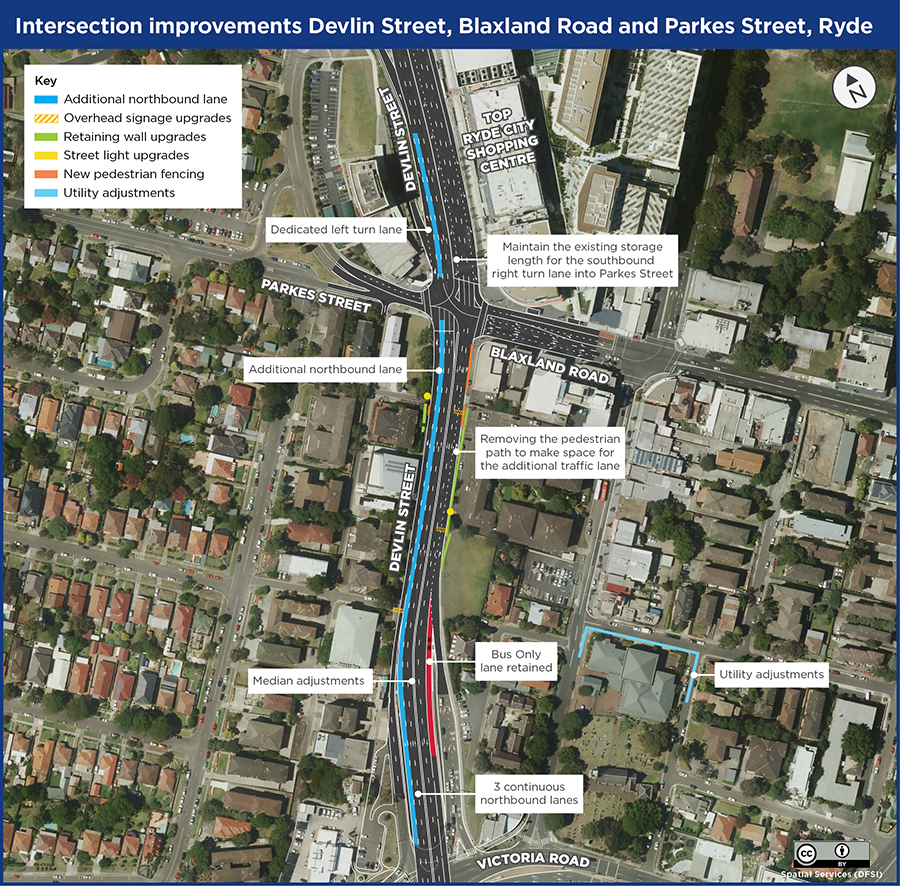 Intersection improvements Devlin Street, Blaxland Road and Parkes Street, Ryde map