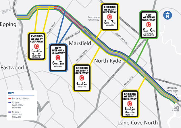 Map showing the location of the new and extended clearways along Epping Road between Epping and Lane Cove.