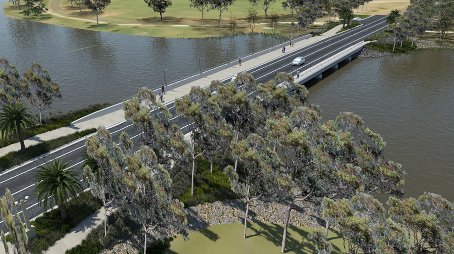 Visualisation of the new Camp Street Bridge, looking north-west. The new bridge will feature generou