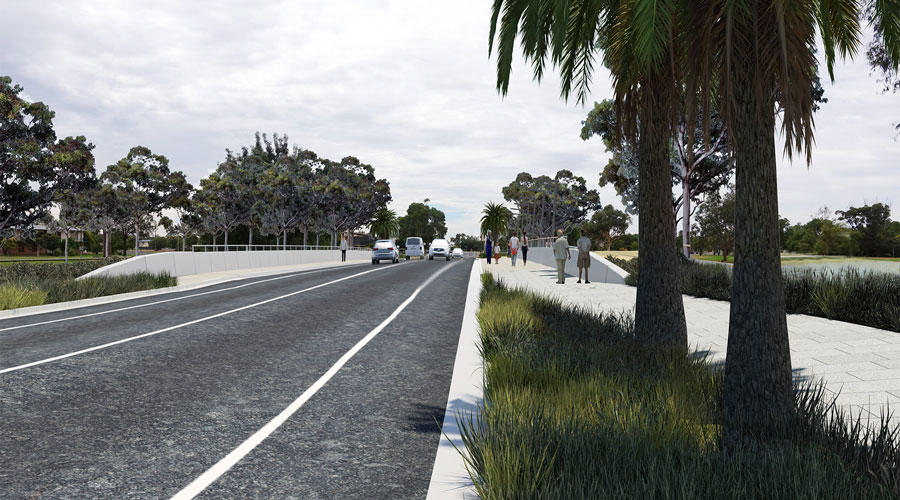 Visualisation of the new Camp Street Bridge, looking south-east. The new bridge will feature generou