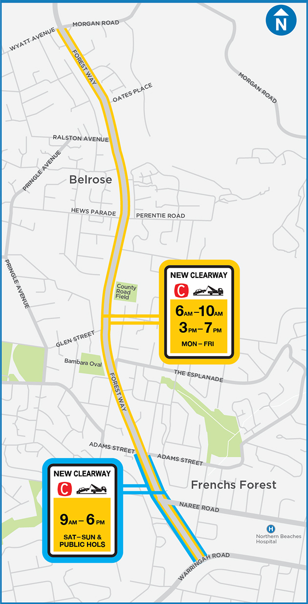 Map showing the location of the new clearways along Forest Way, between Belrose and Frenchs Forest