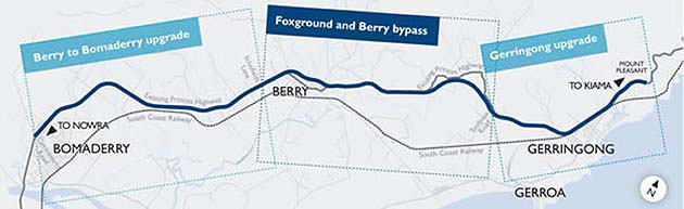 Berry to Bomaderry upgrade map – upgrade divided into three projects