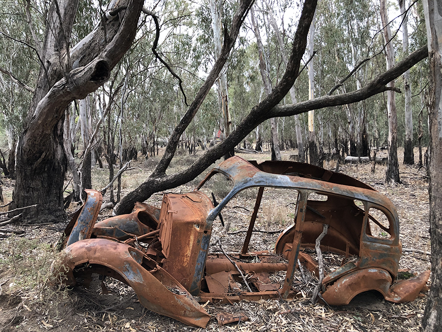 Old red gum sawmill site old car body - June 2019