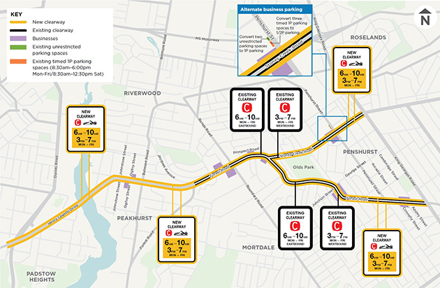 Map showing the locations of the new and extended clearways, including business parking spaces
