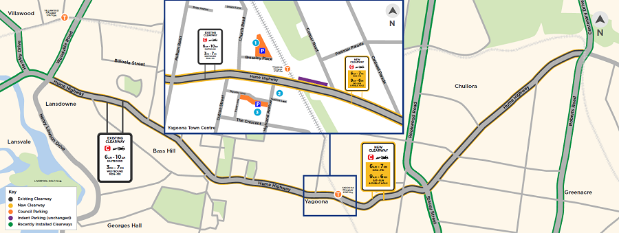 New and extended clearways proposed for the Hume Highway from Villawood to Strathfield South.