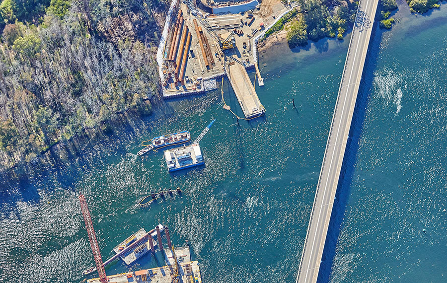Birdseye view of piling work in the Clyde River