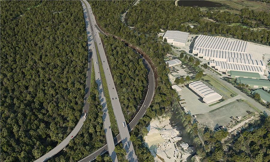 Artist impression aerial view of M1 Motorway at the Kariong interchange looking south
