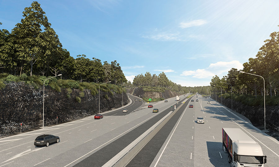 Artist impression of M1 Motorway northbound with view of exit ramp to Gosford at Kariong interchange