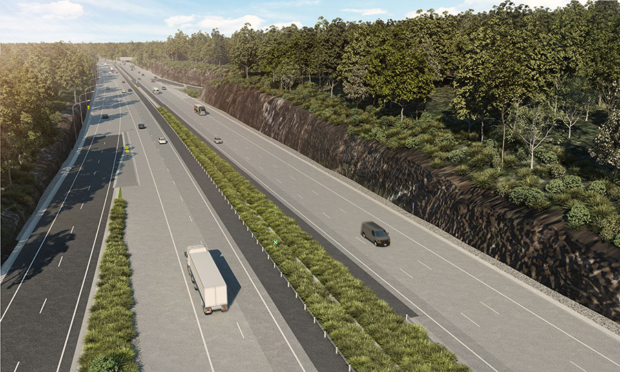 Artist impression of M1 Motorway at Kariong interchange (southbound on-ramp) looking south