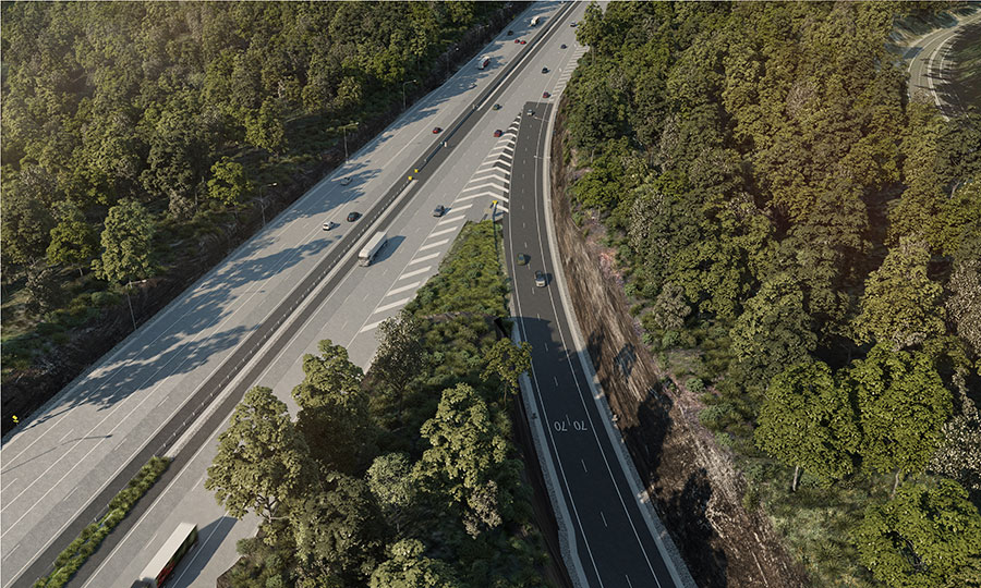 Artist impression aerial view of M1 Motorway at Kariong interchange (northbound off-ramp to Gosford)