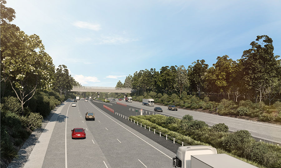 Artist impression of M1 Motorway at Reeves St overbridge and crossover looking north