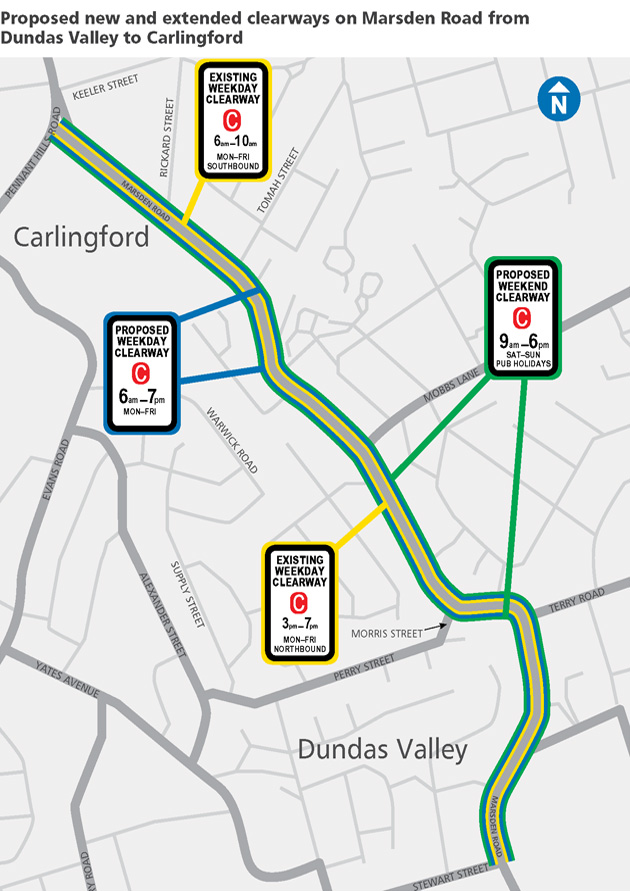 Map showing the location of the new and extended clearways along Marsden Rd between Dundas Valley and Carlingford