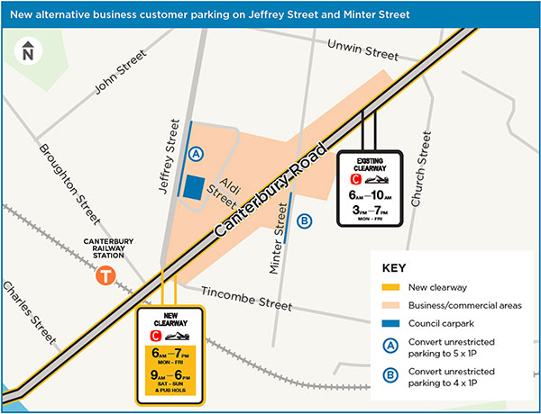 Jeffrey Street and Minter Street – Canterbury shopping strip clearways map
