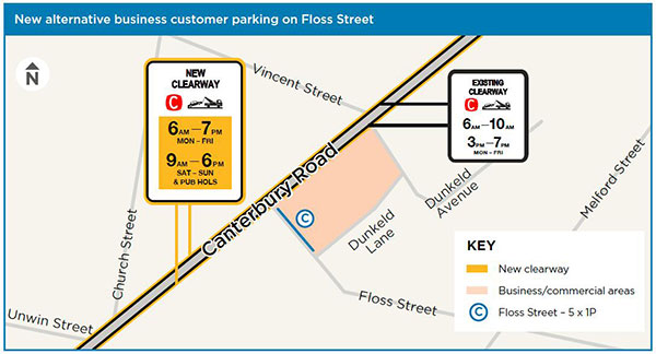 Floss Street – convert five unrestricted parking spaces into 1P parking spaces clearways map