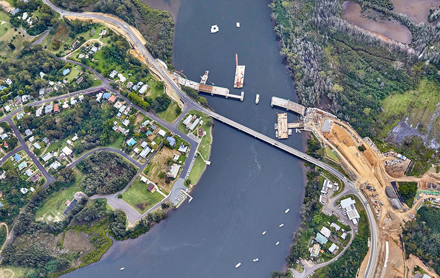 Birdseye view of the new bridge and surrounding earthworks