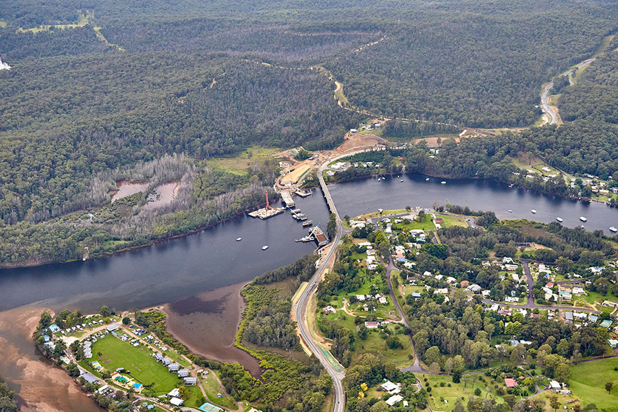 Aerial view of Nelligen Bridge, the Clyde River and surrounds