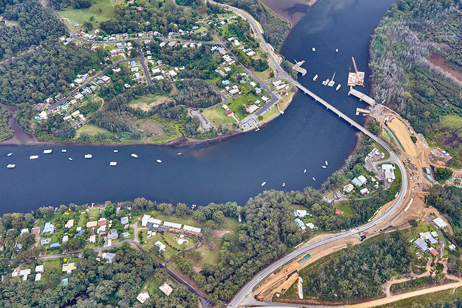 Aerial view of Nelligen Bridge across the Clyde River as work continues nearby