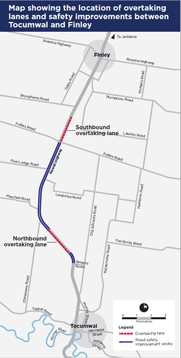 Map showing the location of overtaking lanes and safety improvements between Tocumwal and Finley
