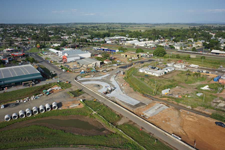 Aerial view of construction underway on the Through-Iolanthe streets roundabout (February 2018)