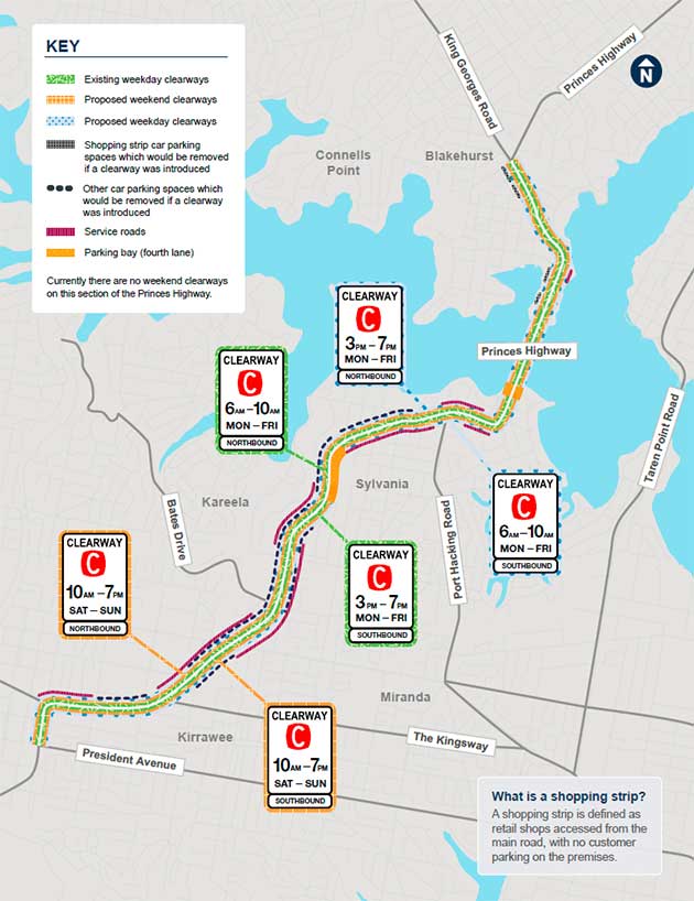 Map showing the location of the new and extended clearways along the Princes Highway between Blakehurst and Kirrawee