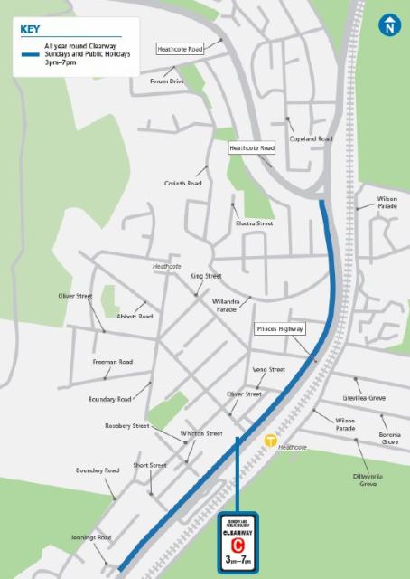 Map showing the location of the new and extended clearways along the Princes Highway at Heathcote.