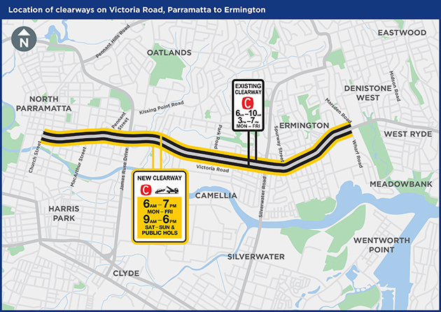Map showing the location of the new and extended clearways, along Victoria Road from the intersection with Church St, Parramatta to the intersection with Marsden St, Ermington. Click to view a larger version (2.3Mb, PDF)