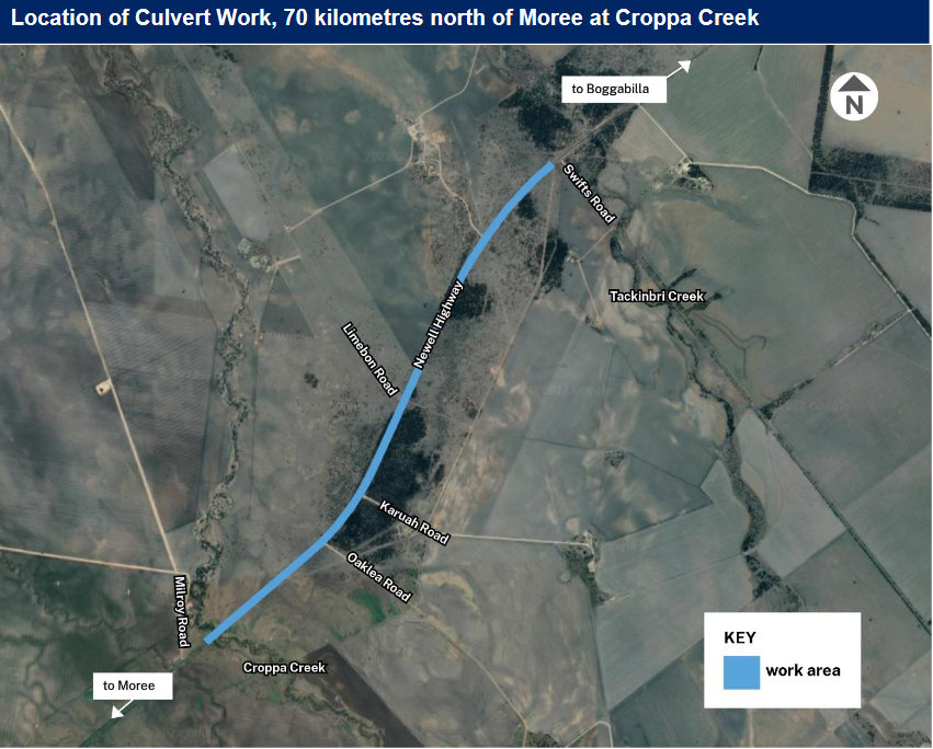 Location of Culvert Work, 70 kilometres north of Moree at Croppa Creek map