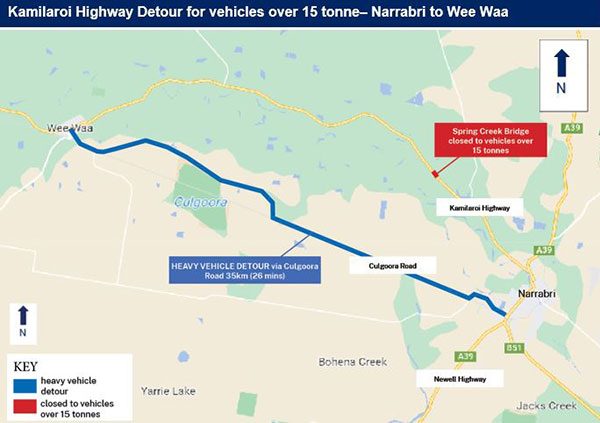 Kamilaroi Highway Detour for vehicles over 15 tonne - Narrabri to Wee Waa