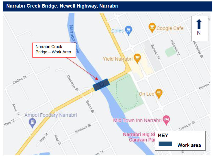 Narrabri Creek Bridge, Newell Highway, Narrabri work area map