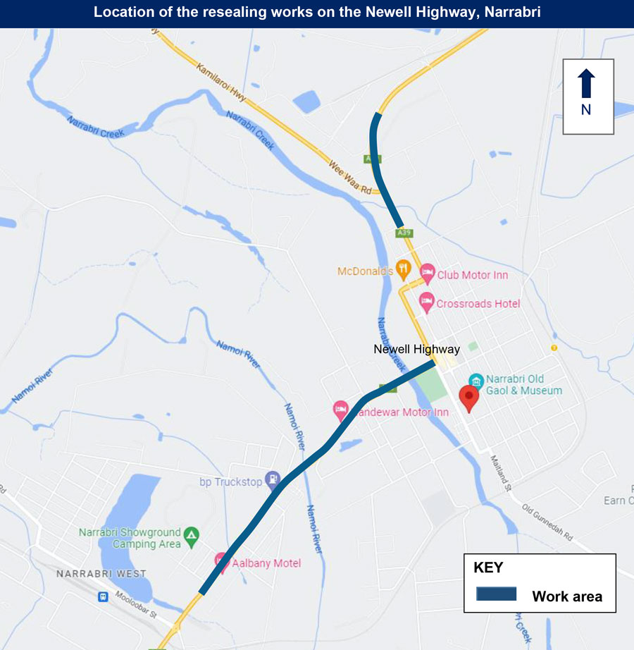 Resealing work on the Newell Highway, Narrabri map