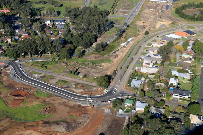 Aerial view of the recently opened temporary road next to the existing Kangaroo Valley Road looking 