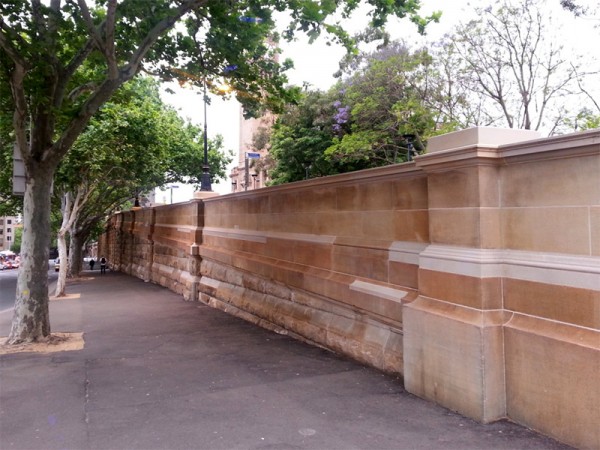 Central Station: Scaffolding comes down after conservation works at 'Wall W' at the Western Forecourt entrance from Railway Square along Pitt Street.
