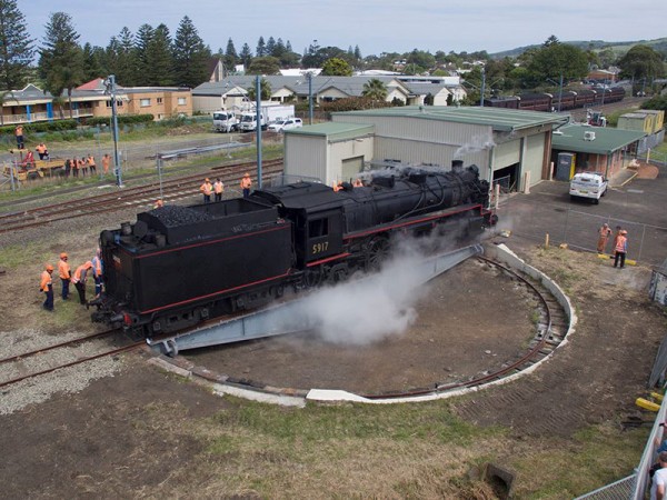 Kiama Turntable: back in operation a steam train drives onto the turntable and is rotated 180 degrees