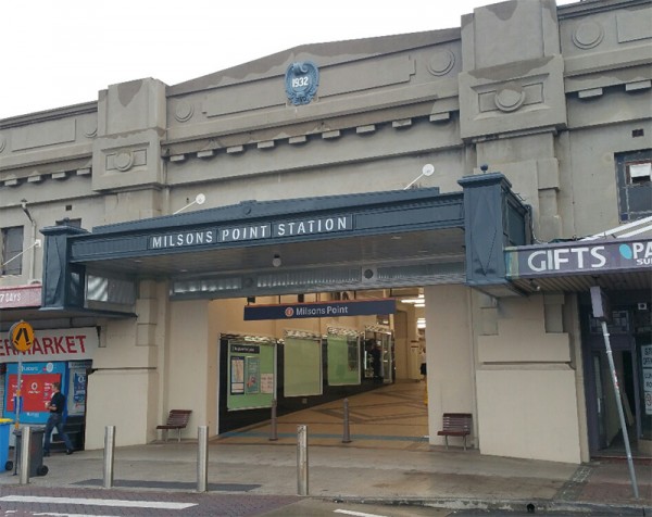 Milsons Point Station: Ennis Road entrance in 2016 showing reconstructed Bradfield pressed zinc awning with sympathetic lighting