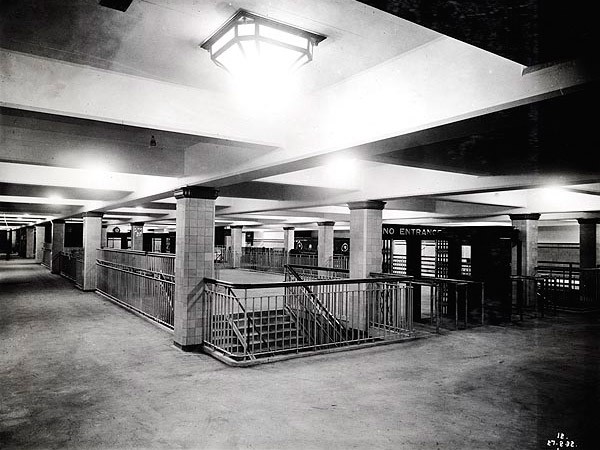 Town Hall Station: Newly constructed in 1932 showing the original staircases to lower platforms, where the Town Hall Station: Newly constructed in 1932 showing the original staircases to lower platforms, where the 'Air Raid Shelter' sign was placed in c.1940.