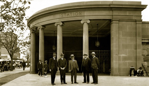 When this photo was taken at the new Elizabeth Street entrance in 1926, the Sydney Harbour Bridge was taking shape and Dr John Bradfield (centre) was realising his plan for a City Underground railway.