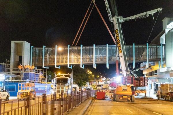 Pedstrian bridge in place and secured